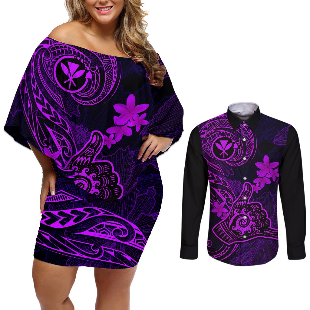 Hawaii Couples Matching Off Shoulder Short Dress and Long Sleeve Button Shirts Shaka Tattoo Mix Polynesian Plumeria Purple Version LT14 Purple - Polynesian Pride
