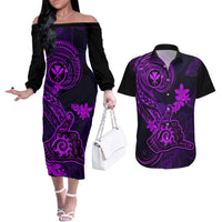 hawaii-couples-matching-off-the-shoulder-long-sleeve-dress-and-hawaiian-shirt-shaka-tattoo-mix-polynesian-plumeria-purple-version