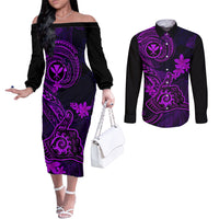 Hawaii Couples Matching Off The Shoulder Long Sleeve Dress and Long Sleeve Button Shirts Shaka Tattoo Mix Polynesian Plumeria Purple Version LT14 Purple - Polynesian Pride
