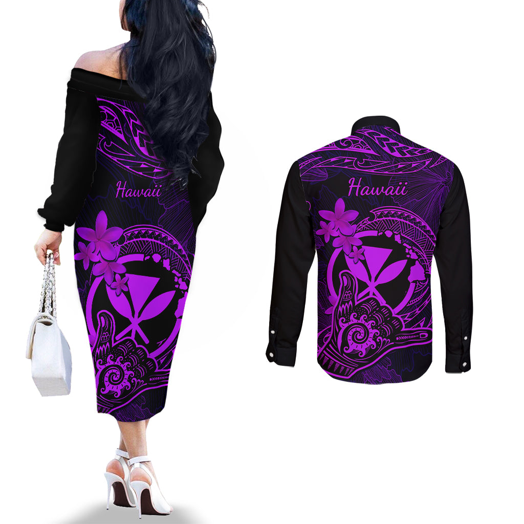 Hawaii Couples Matching Off The Shoulder Long Sleeve Dress and Long Sleeve Button Shirts Shaka Tattoo Mix Polynesian Plumeria Purple Version LT14 - Polynesian Pride