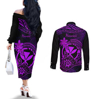 Hawaii Couples Matching Off The Shoulder Long Sleeve Dress and Long Sleeve Button Shirts Shaka Tattoo Mix Polynesian Plumeria Purple Version LT14 - Polynesian Pride