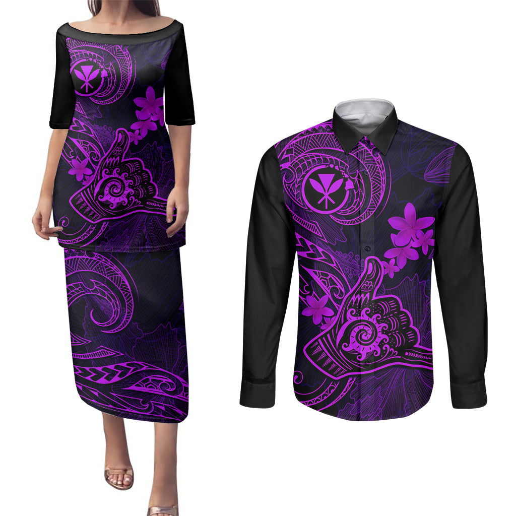 hawaii-couples-matching-puletasi-dress-and-long-sleeve-button-shirts-shaka-tattoo-mix-polynesian-plumeria-purple-version