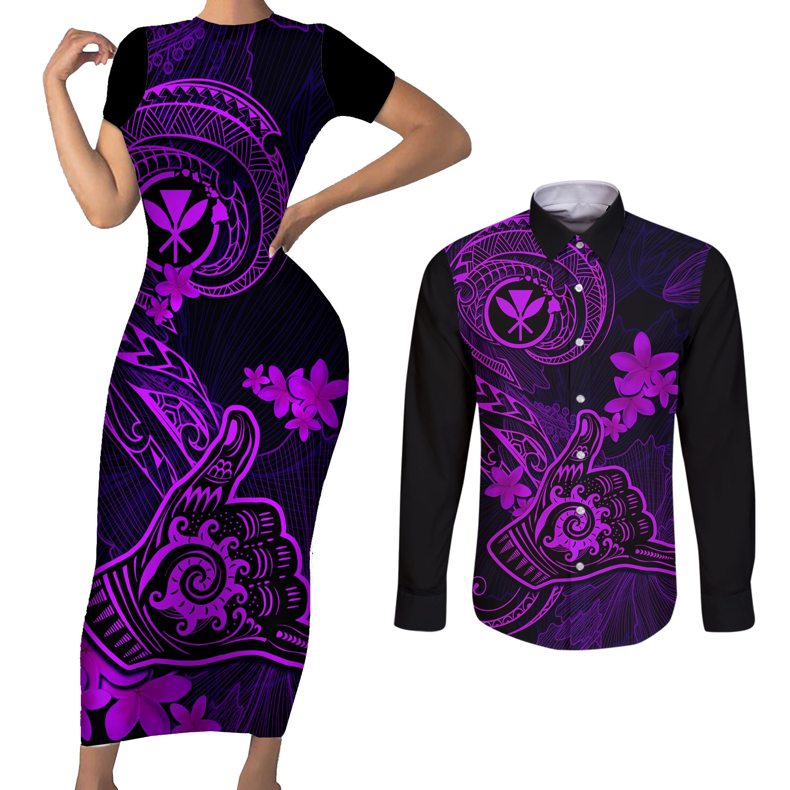 hawaii-couples-matching-short-sleeve-bodycon-dress-and-long-sleeve-button-shirts-shaka-tattoo-mix-polynesian-plumeria-purple-version