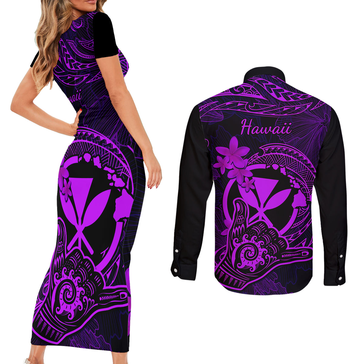 Hawaii Couples Matching Short Sleeve Bodycon Dress and Long Sleeve Button Shirts Shaka Tattoo Mix Polynesian Plumeria Purple Version LT14 - Polynesian Pride