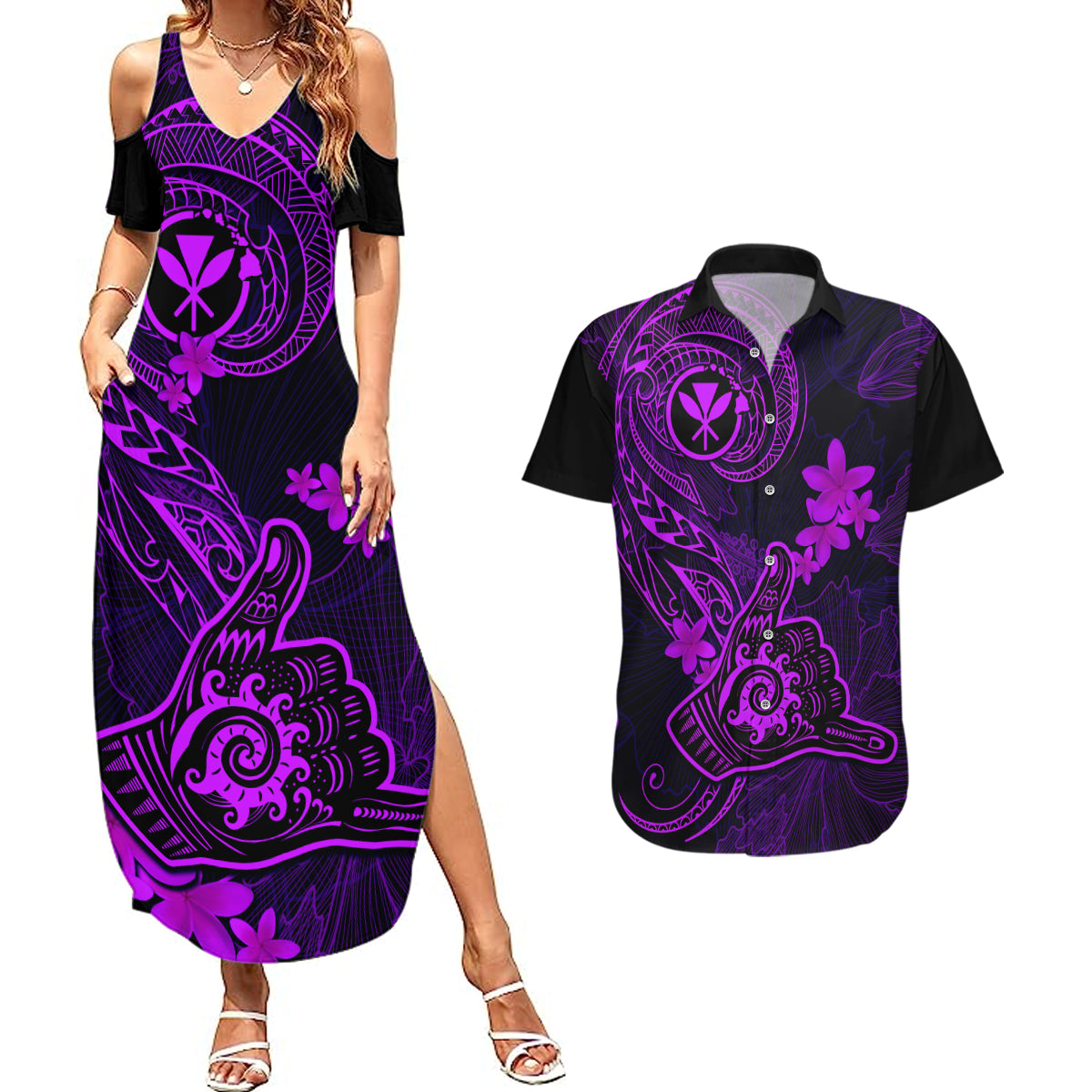 hawaii-couples-matching-summer-maxi-dress-and-hawaiian-shirt-shaka-tattoo-mix-polynesian-plumeria-purple-version