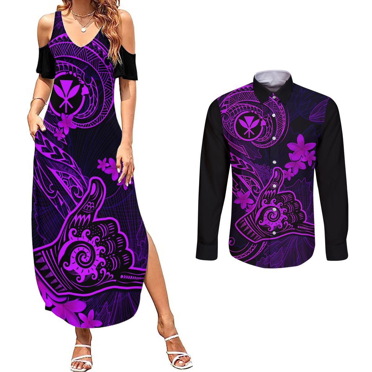 hawaii-couples-matching-summer-maxi-dress-and-long-sleeve-button-shirts-shaka-tattoo-mix-polynesian-plumeria-purple-version