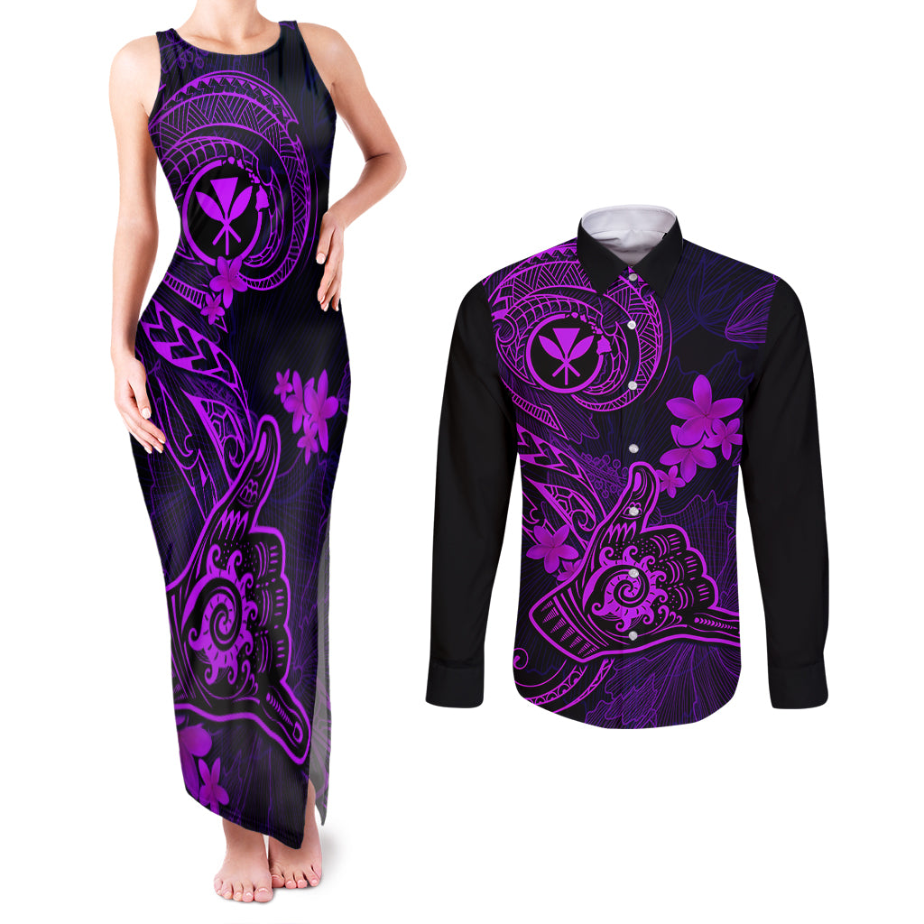 hawaii-couples-matching-tank-maxi-dress-and-long-sleeve-button-shirts-shaka-tattoo-mix-polynesian-plumeria-purple-version