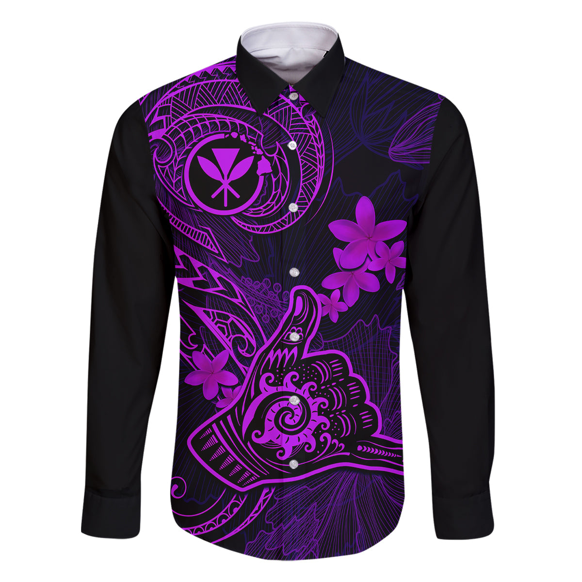 Hawaii Family Matching Puletasi Dress and Hawaiian Shirt Shaka Tattoo Mix Polynesian Plumeria Purple Version LT14 Dad's Shirt - Long Sleeve Purple - Polynesian Pride