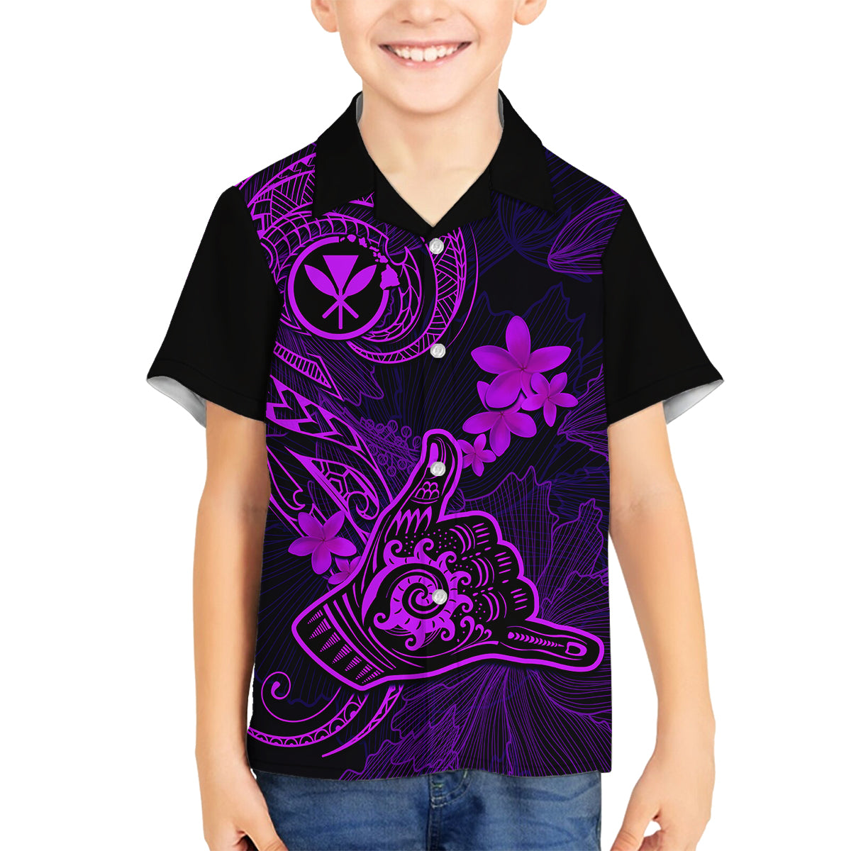 Hawaii Family Matching Tank Maxi Dress and Hawaiian Shirt Shaka Tattoo Mix Polynesian Plumeria Purple Version LT14 Son's Shirt Purple - Polynesian Pride