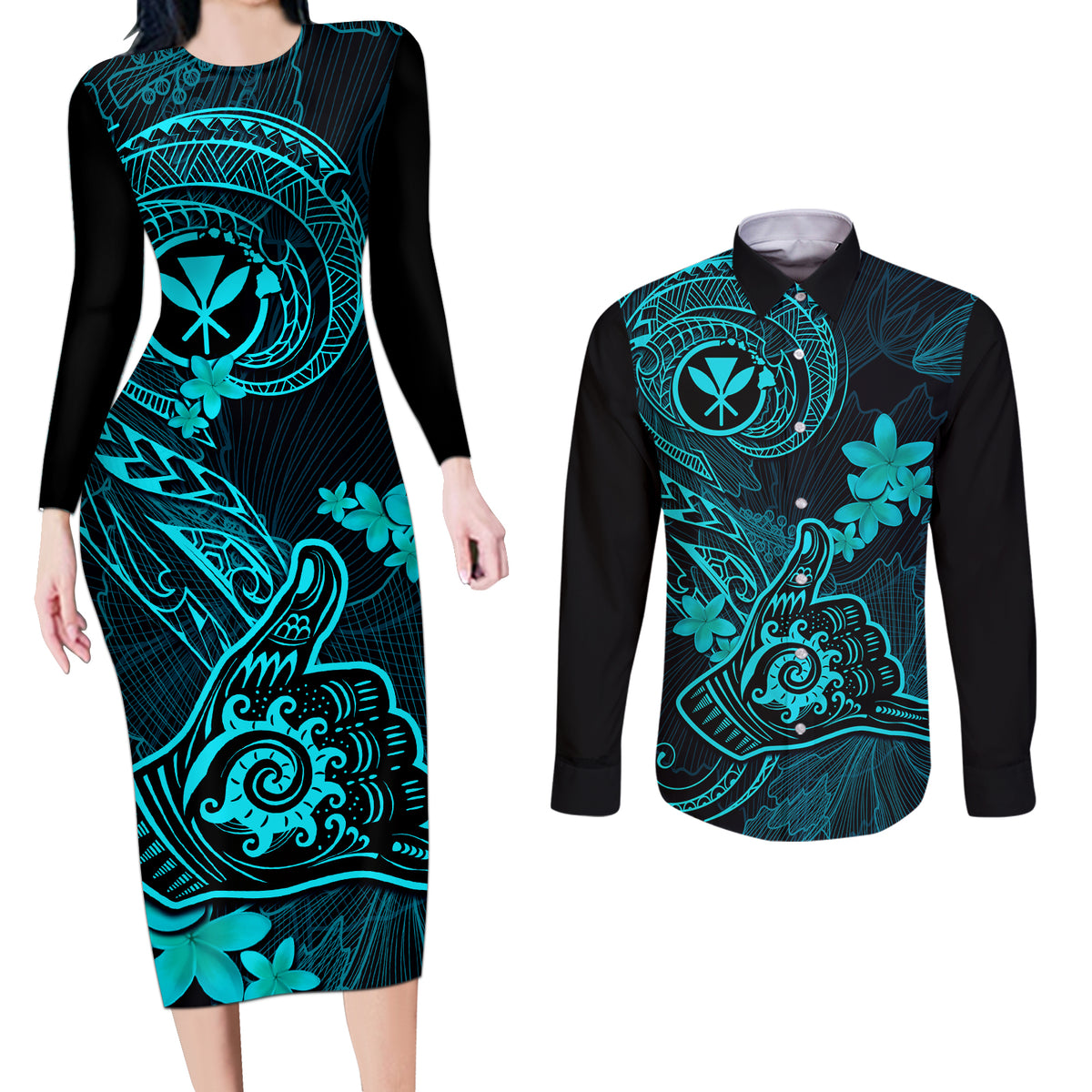 Hawaii Couples Matching Long Sleeve Bodycon Dress and Long Sleeve Button Shirts Shaka Tattoo Mix Polynesian Plumeria Turquoise Version LT14 Turquoise - Polynesian Pride