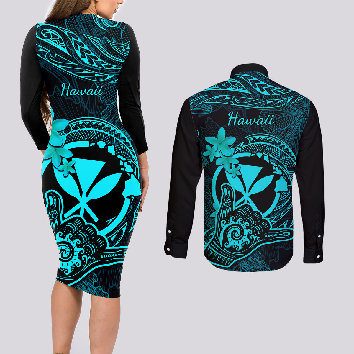 Hawaii Couples Matching Long Sleeve Bodycon Dress and Long Sleeve Button Shirts Shaka Tattoo Mix Polynesian Plumeria Turquoise Version LT14 - Polynesian Pride