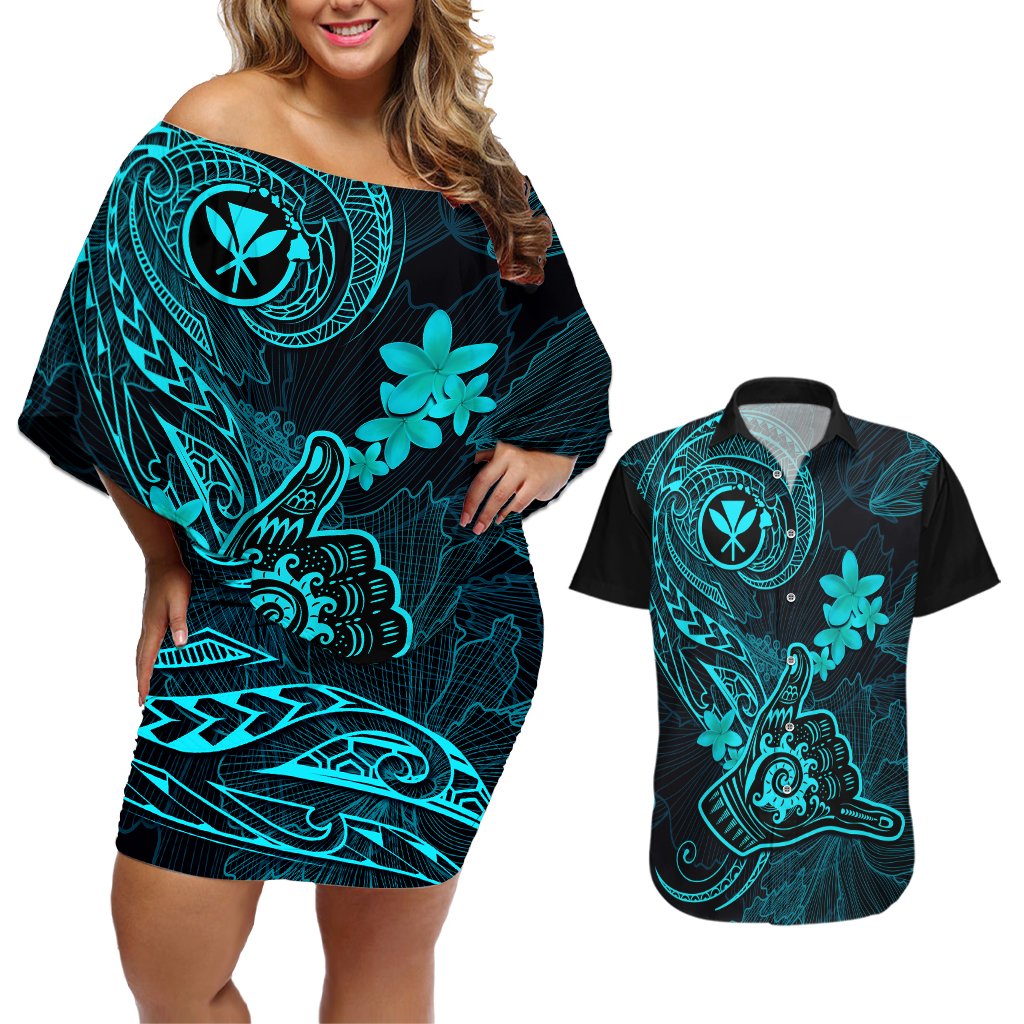 Hawaii Couples Matching Off Shoulder Short Dress and Hawaiian Shirt Shaka Tattoo Mix Polynesian Plumeria Turquoise Version LT14 Turquoise - Polynesian Pride
