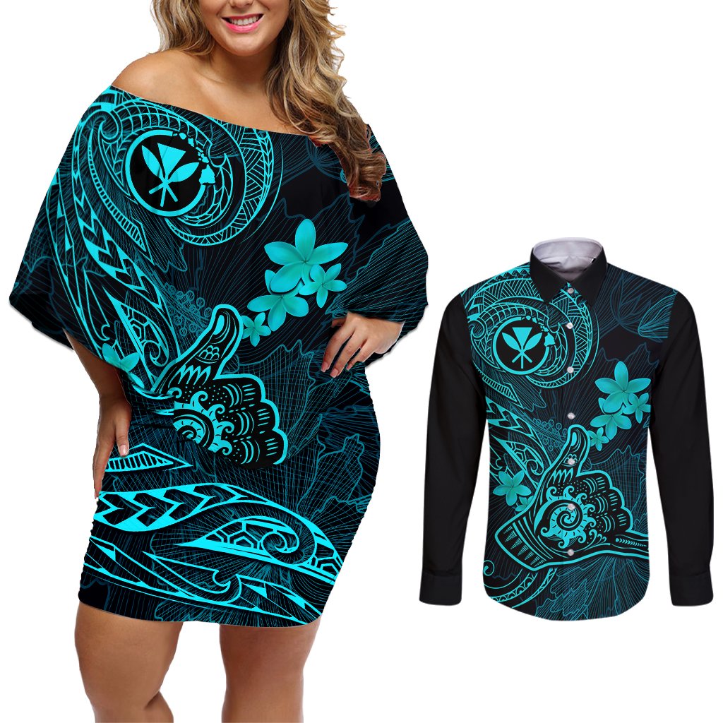 Hawaii Couples Matching Off Shoulder Short Dress and Long Sleeve Button Shirts Shaka Tattoo Mix Polynesian Plumeria Turquoise Version LT14 Turquoise - Polynesian Pride