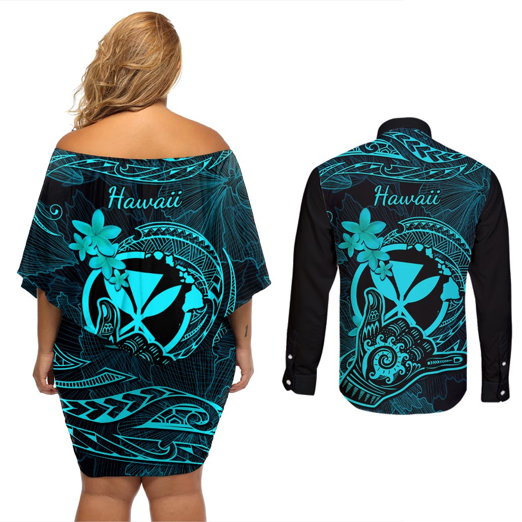Hawaii Couples Matching Off Shoulder Short Dress and Long Sleeve Button Shirts Shaka Tattoo Mix Polynesian Plumeria Turquoise Version LT14 - Polynesian Pride