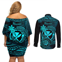 Hawaii Couples Matching Off Shoulder Short Dress and Long Sleeve Button Shirts Shaka Tattoo Mix Polynesian Plumeria Turquoise Version LT14 - Polynesian Pride