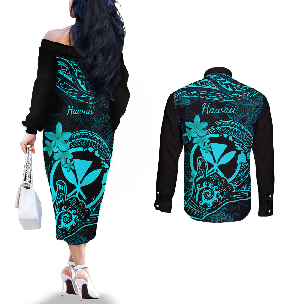 Hawaii Couples Matching Off The Shoulder Long Sleeve Dress and Long Sleeve Button Shirts Shaka Tattoo Mix Polynesian Plumeria Turquoise Version LT14 - Polynesian Pride