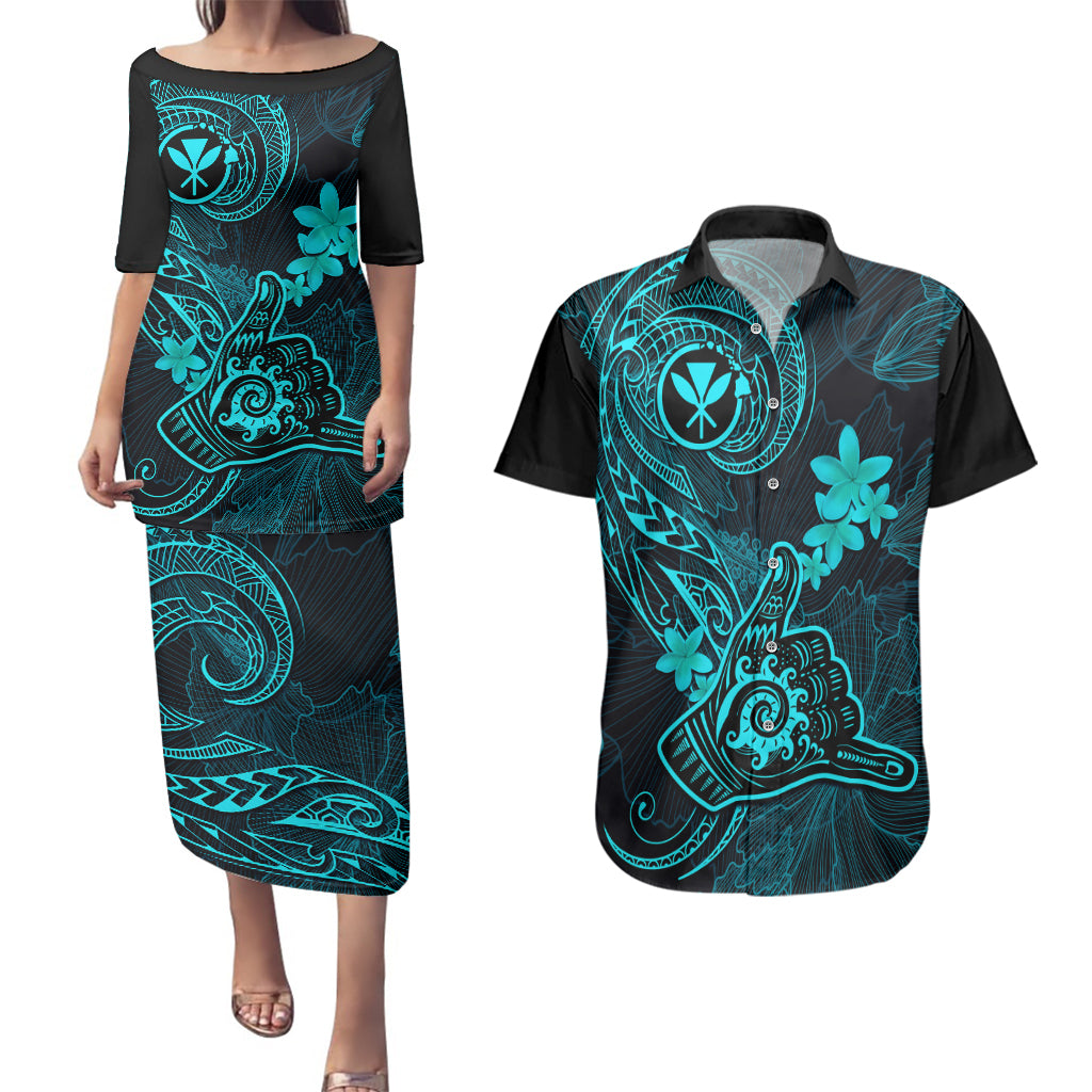 hawaii-couples-matching-puletasi-dress-and-hawaiian-shirt-shaka-tattoo-mix-polynesian-plumeria-turquoise-version