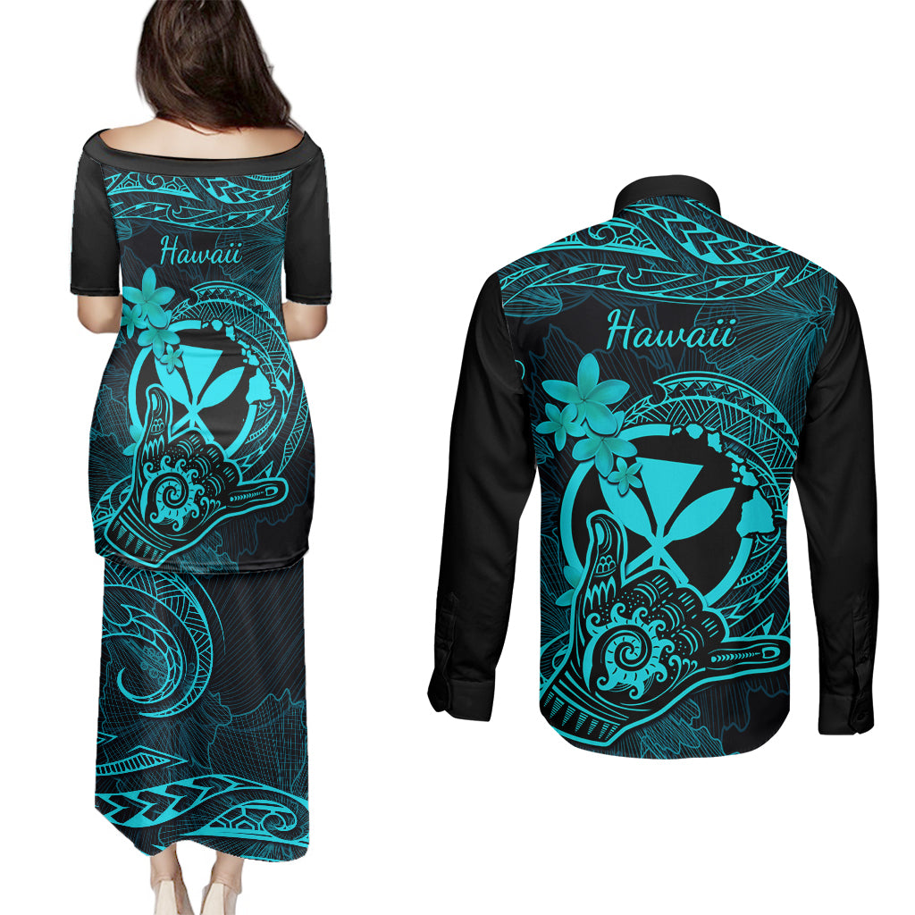 Hawaii Couples Matching Puletasi Dress and Long Sleeve Button Shirts Shaka Tattoo Mix Polynesian Plumeria Turquoise Version LT14 - Polynesian Pride