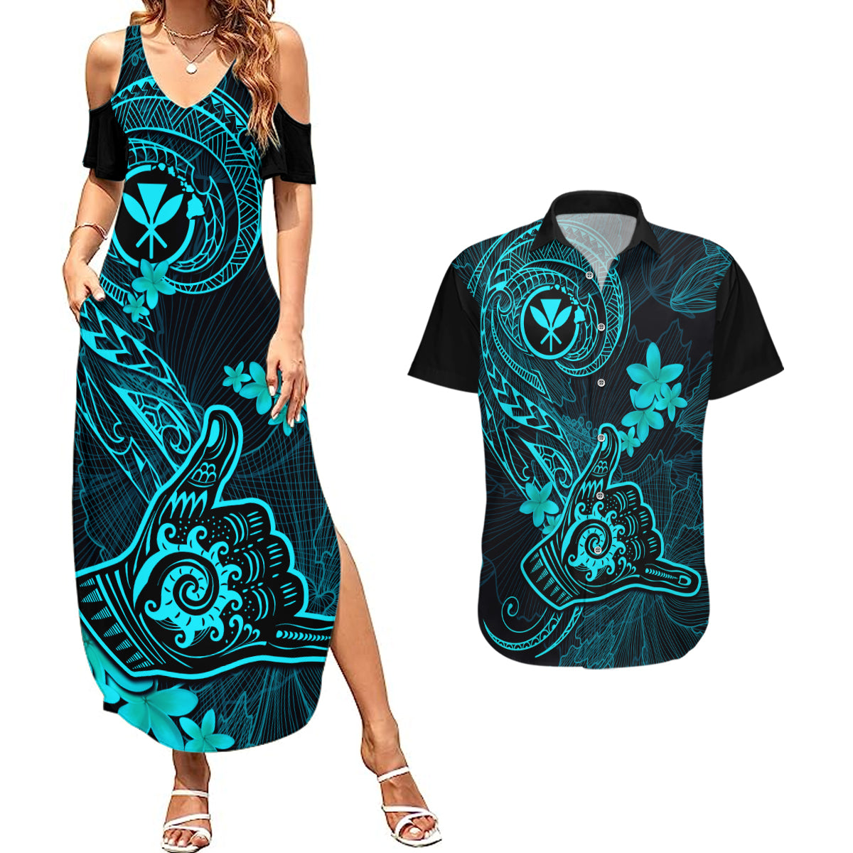 hawaii-couples-matching-summer-maxi-dress-and-hawaiian-shirt-shaka-tattoo-mix-polynesian-plumeria-turquoise-version
