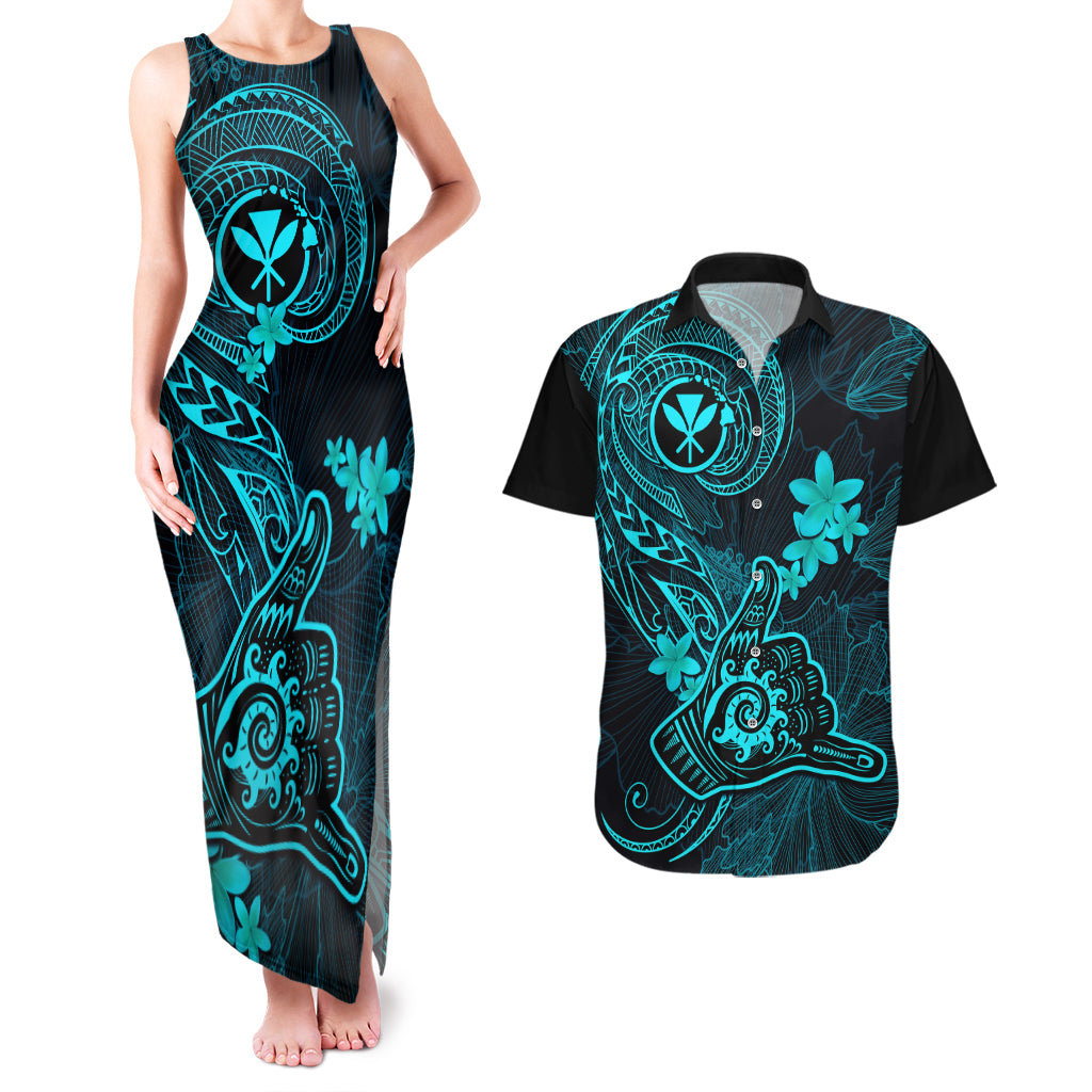 Hawaii Couples Matching Tank Maxi Dress and Hawaiian Shirt Shaka Tattoo Mix Polynesian Plumeria Turquoise Version LT14 Turquoise - Polynesian Pride