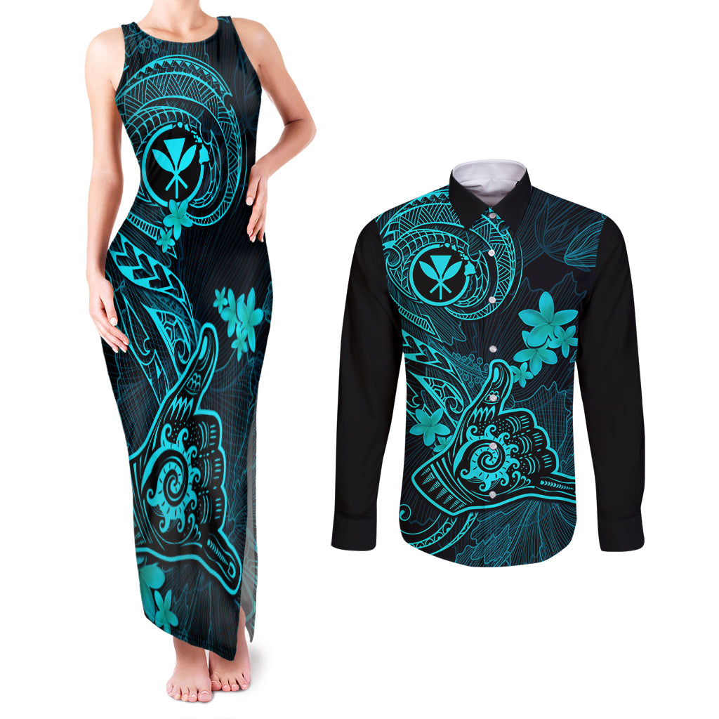 hawaii-couples-matching-tank-maxi-dress-and-long-sleeve-button-shirts-shaka-tattoo-mix-polynesian-plumeria-turquoise-version