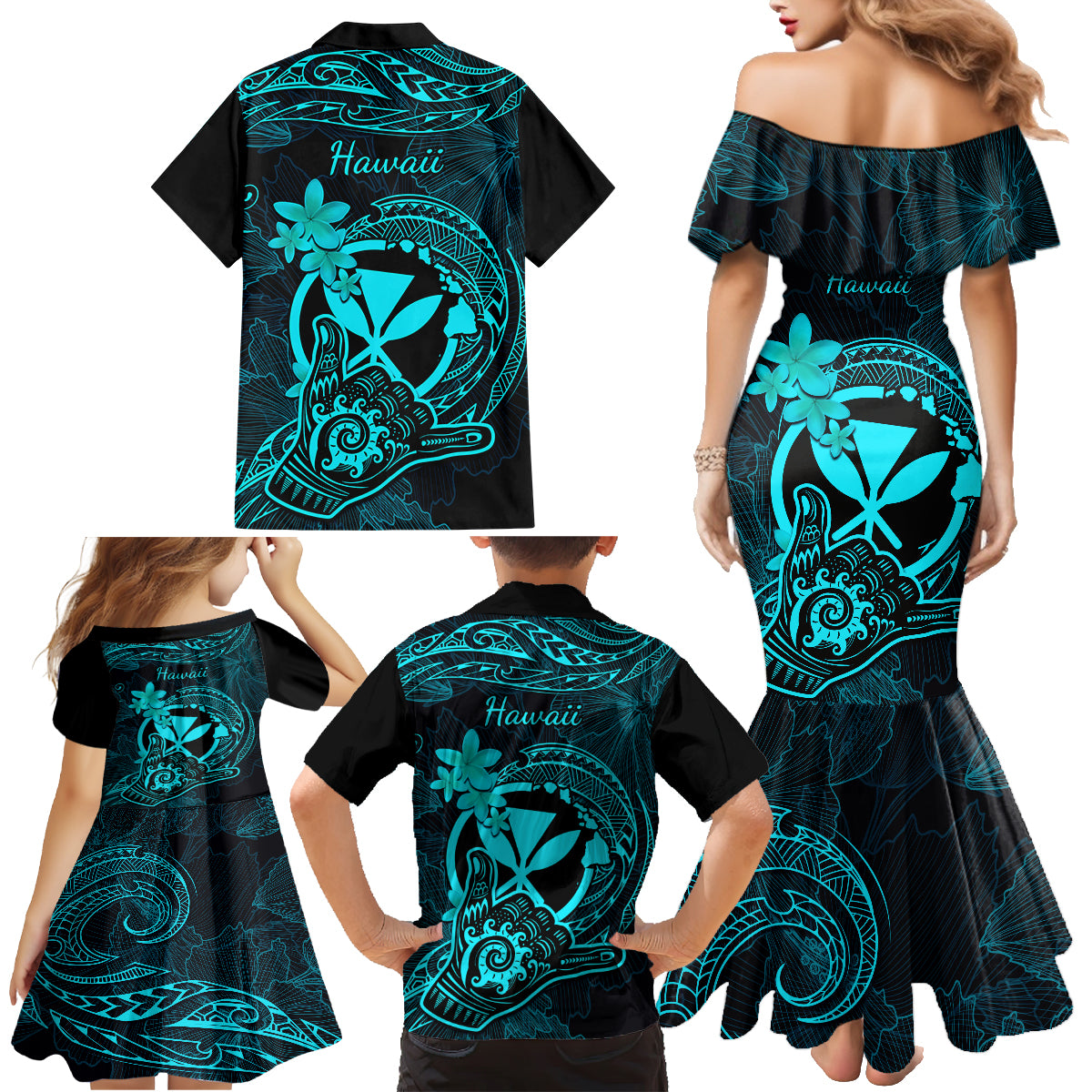 hawaii-family-matching-mermaid-dress-and-hawaiian-shirt-shaka-tattoo-mix-polynesian-plumeria-turquoise-version