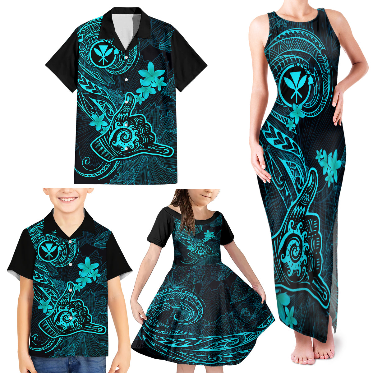 Hawaii Family Matching Tank Maxi Dress and Hawaiian Shirt Shaka Tattoo Mix Polynesian Plumeria Turquoise Version LT14 - Polynesian Pride