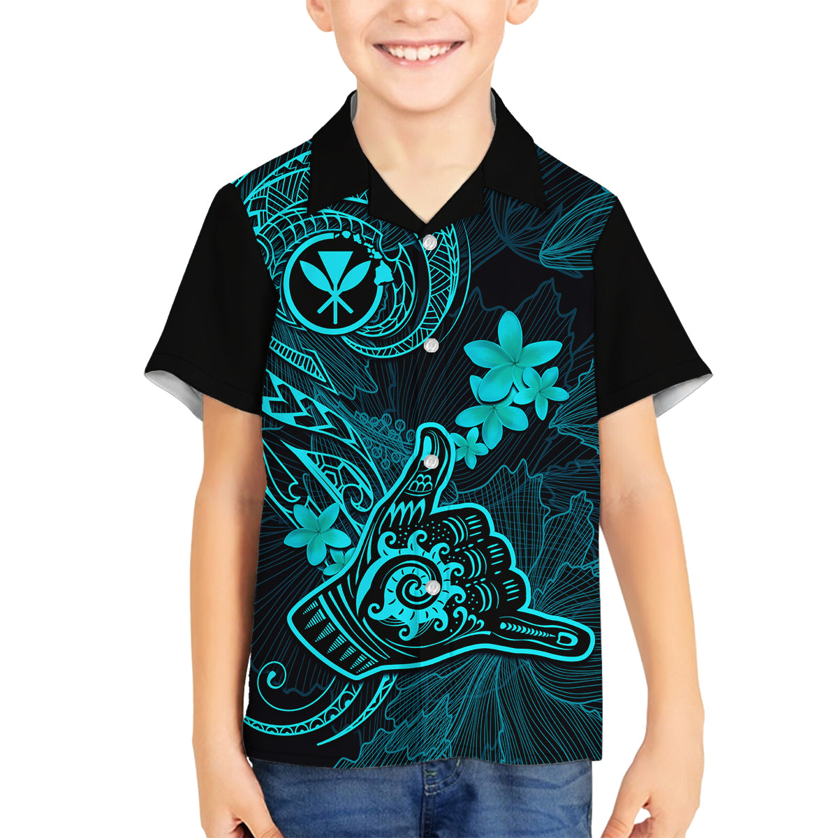 Hawaii Kid Hawaiian Shirt Shaka Tattoo Mix Polynesian Plumeria Turquoise Version LT14 - Polynesian Pride