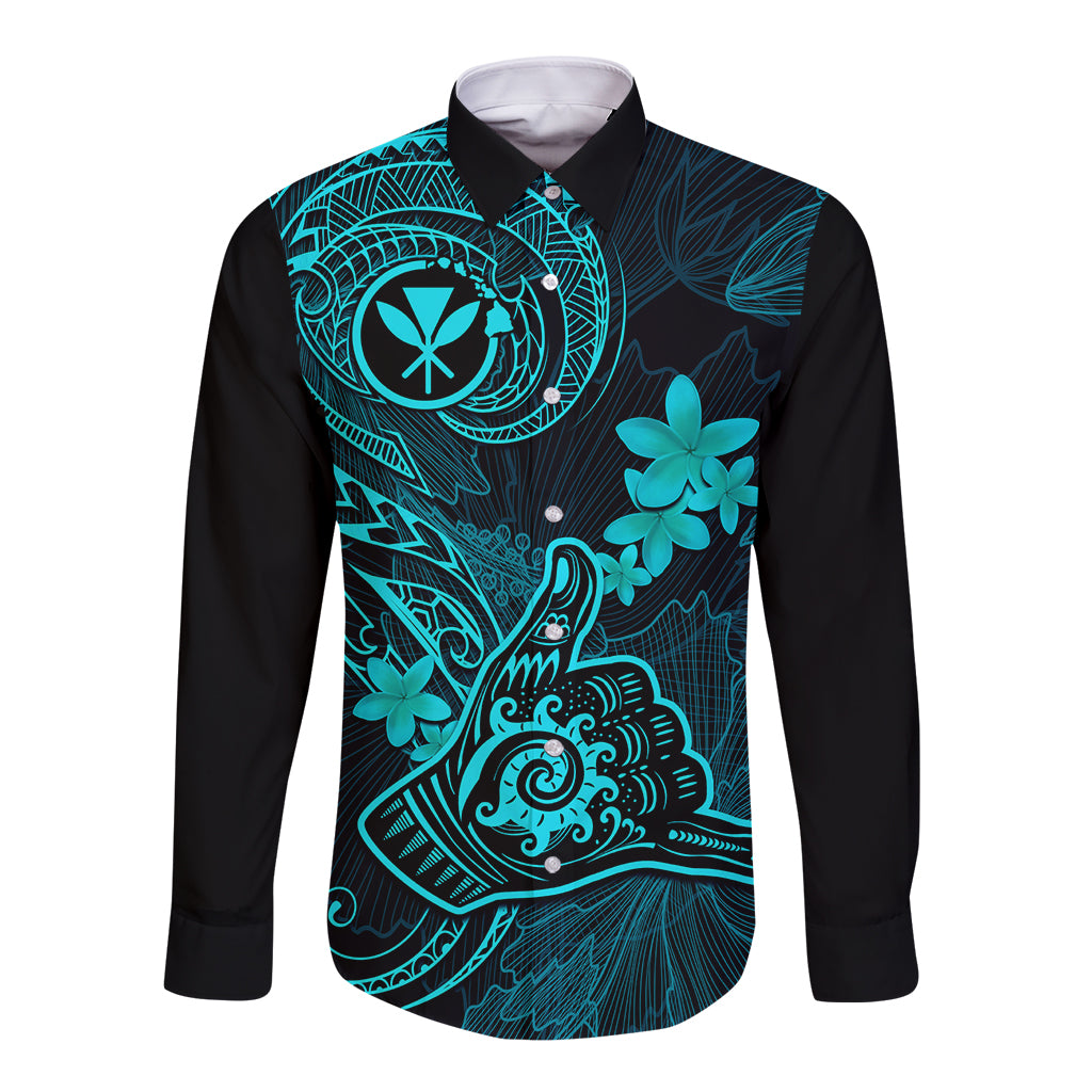 hawaii-long-sleeve-button-shirt-shaka-tattoo-mix-polynesian-plumeria-turquoise-version