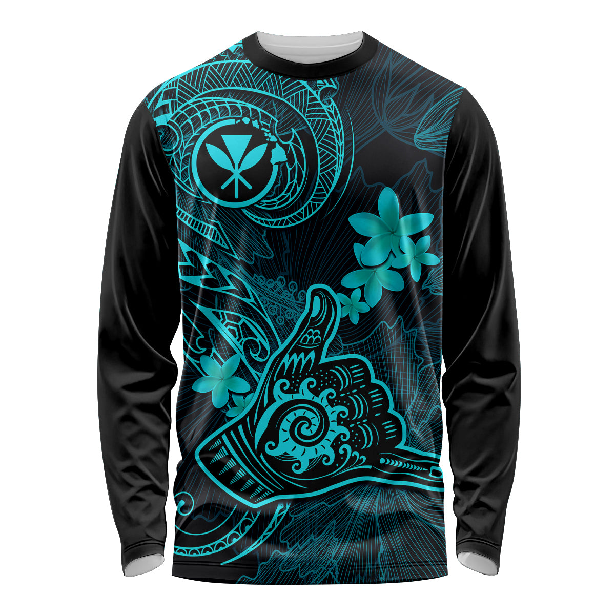 Hawaii Long Sleeve Shirt Shaka Tattoo Mix Polynesian Plumeria Turquoise Version LT14 Unisex Turquoise - Polynesian Pride