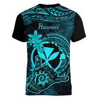 hawaii-women-v-neck-t-shirt-shaka-tattoo-mix-polynesian-plumeria-turquoise-version