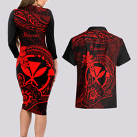 Hawaii Couples Matching Long Sleeve Bodycon Dress and Hawaiian Shirt Shaka Tattoo Mix Polynesian Plumeria Red Version LT14 - Polynesian Pride
