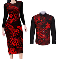 Hawaii Couples Matching Long Sleeve Bodycon Dress and Long Sleeve Button Shirts Shaka Tattoo Mix Polynesian Plumeria Red Version LT14 Red - Polynesian Pride