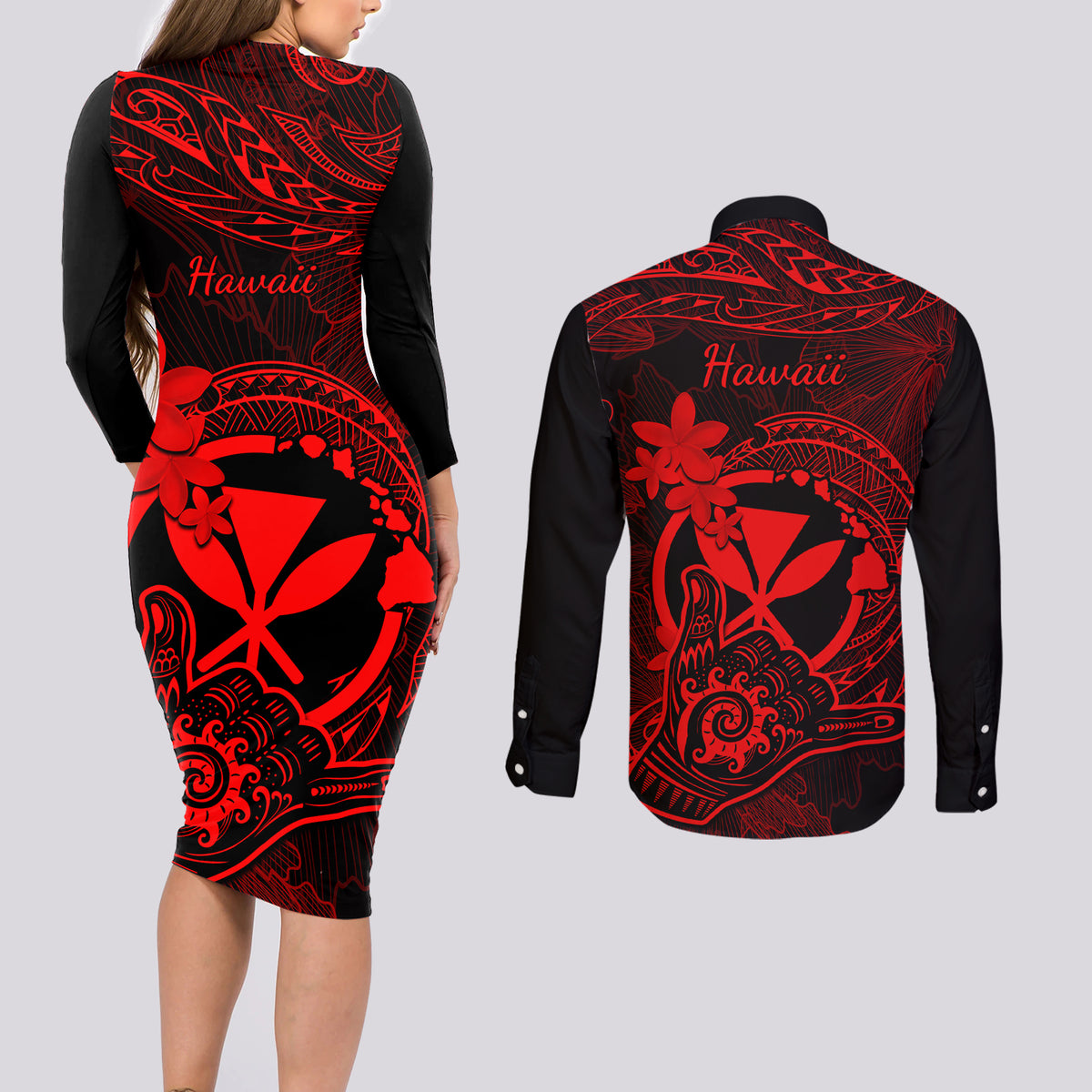 Hawaii Couples Matching Long Sleeve Bodycon Dress and Long Sleeve Button Shirts Shaka Tattoo Mix Polynesian Plumeria Red Version LT14 - Polynesian Pride