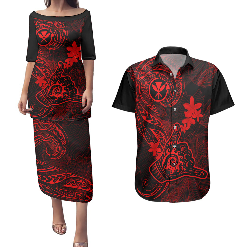hawaii-couples-matching-puletasi-dress-and-hawaiian-shirt-shaka-tattoo-mix-polynesian-plumeria-red-version