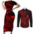 hawaii-couples-matching-short-sleeve-bodycon-dress-and-long-sleeve-button-shirts-shaka-tattoo-mix-polynesian-plumeria-red-version