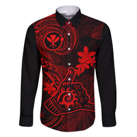 hawaii-family-matching-off-shoulder-long-sleeve-dress-and-hawaiian-shirt-shaka-tattoo-mix-polynesian-plumeria-red-version