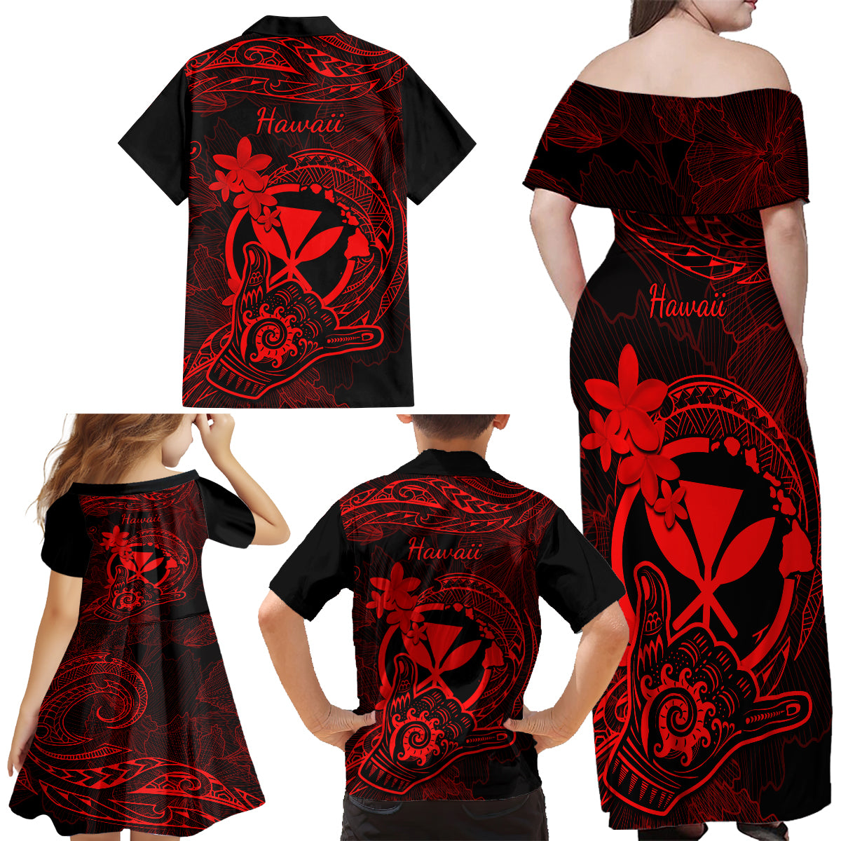 hawaii-family-matching-off-shoulder-maxi-dress-and-hawaiian-shirt-shaka-tattoo-mix-polynesian-plumeria-red-version