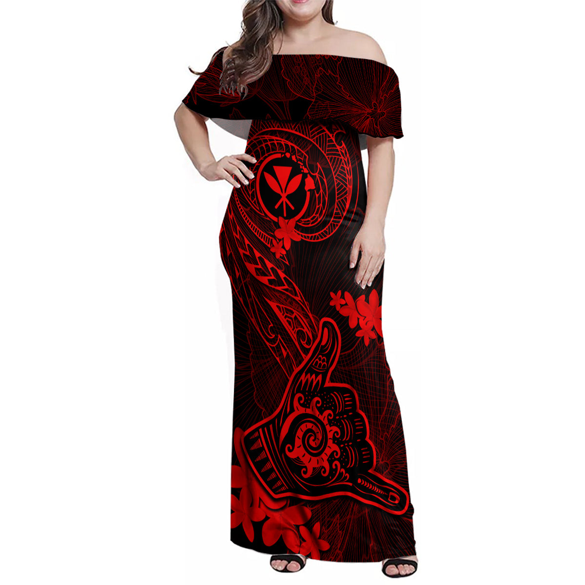 hawaii-family-matching-off-shoulder-maxi-dress-and-hawaiian-shirt-shaka-tattoo-mix-polynesian-plumeria-red-version