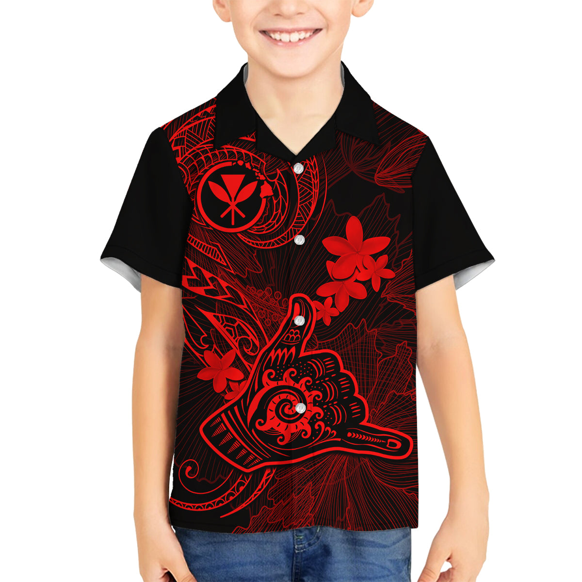hawaii-family-matching-off-shoulder-maxi-dress-and-hawaiian-shirt-shaka-tattoo-mix-polynesian-plumeria-red-version