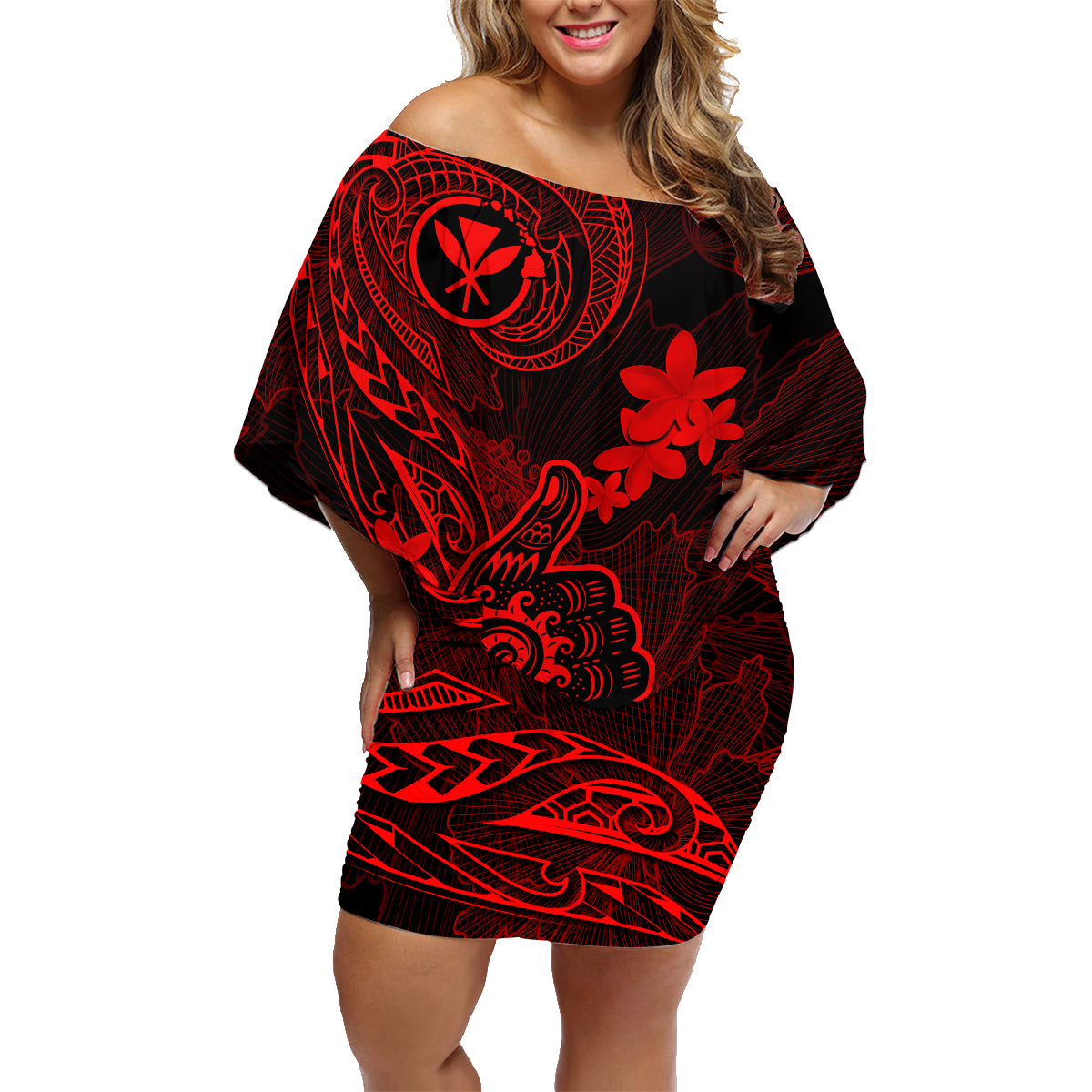 hawaii-family-matching-off-shoulder-short-dress-and-hawaiian-shirt-shaka-tattoo-mix-polynesian-plumeria-red-version
