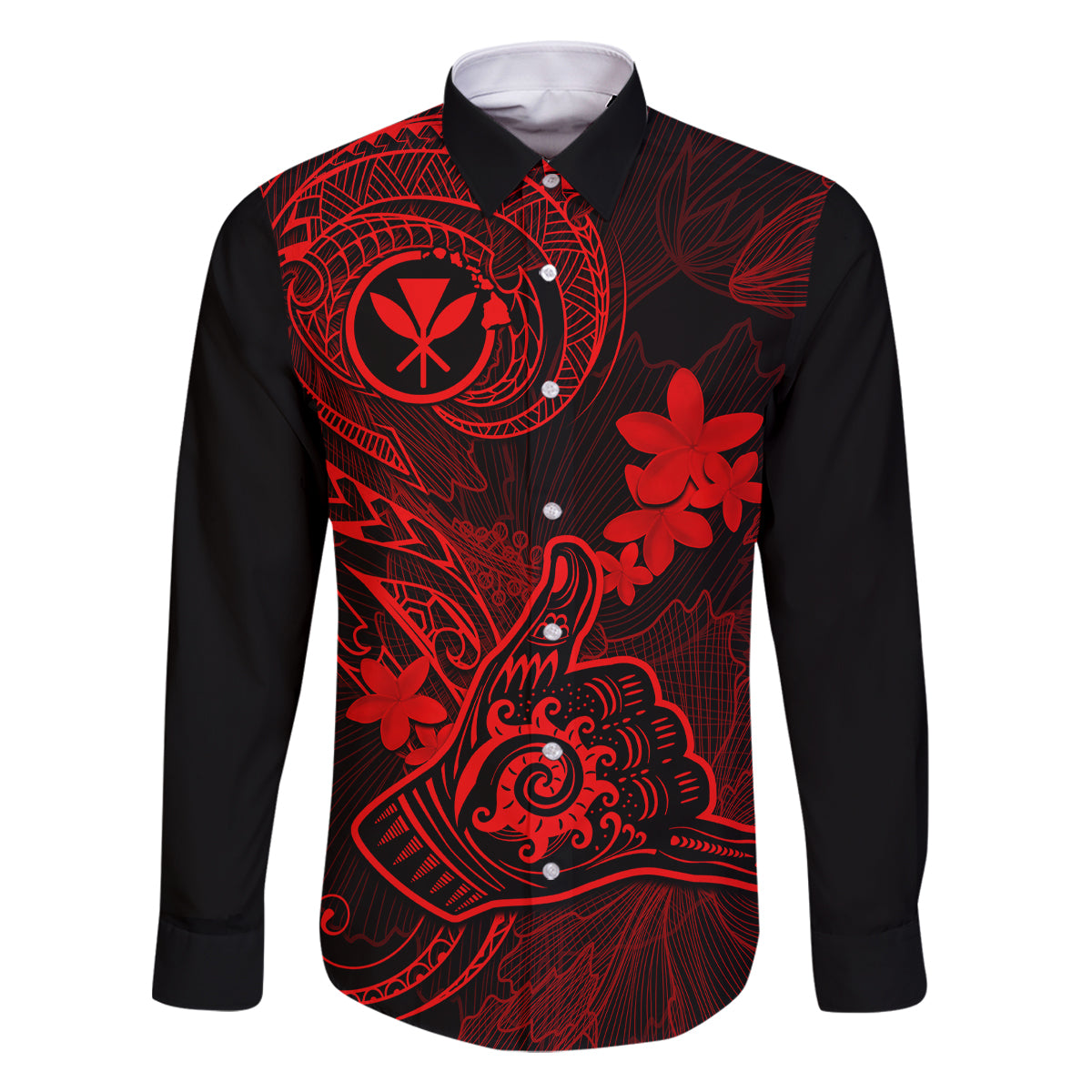 Hawaii Family Matching Tank Maxi Dress and Hawaiian Shirt Shaka Tattoo Mix Polynesian Plumeria Red Version LT14 Dad's Shirt - Long Sleeve Red - Polynesian Pride
