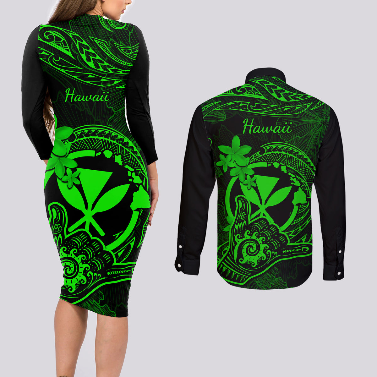 Hawaii Couples Matching Long Sleeve Bodycon Dress and Long Sleeve Button Shirts Shaka Tattoo Mix Polynesian Plumeria Green Version LT14 - Polynesian Pride