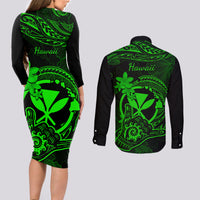 Hawaii Couples Matching Long Sleeve Bodycon Dress and Long Sleeve Button Shirts Shaka Tattoo Mix Polynesian Plumeria Green Version LT14 - Polynesian Pride