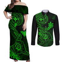 Hawaii Couples Matching Off Shoulder Maxi Dress and Long Sleeve Button Shirts Shaka Tattoo Mix Polynesian Plumeria Green Version LT14 Green - Polynesian Pride