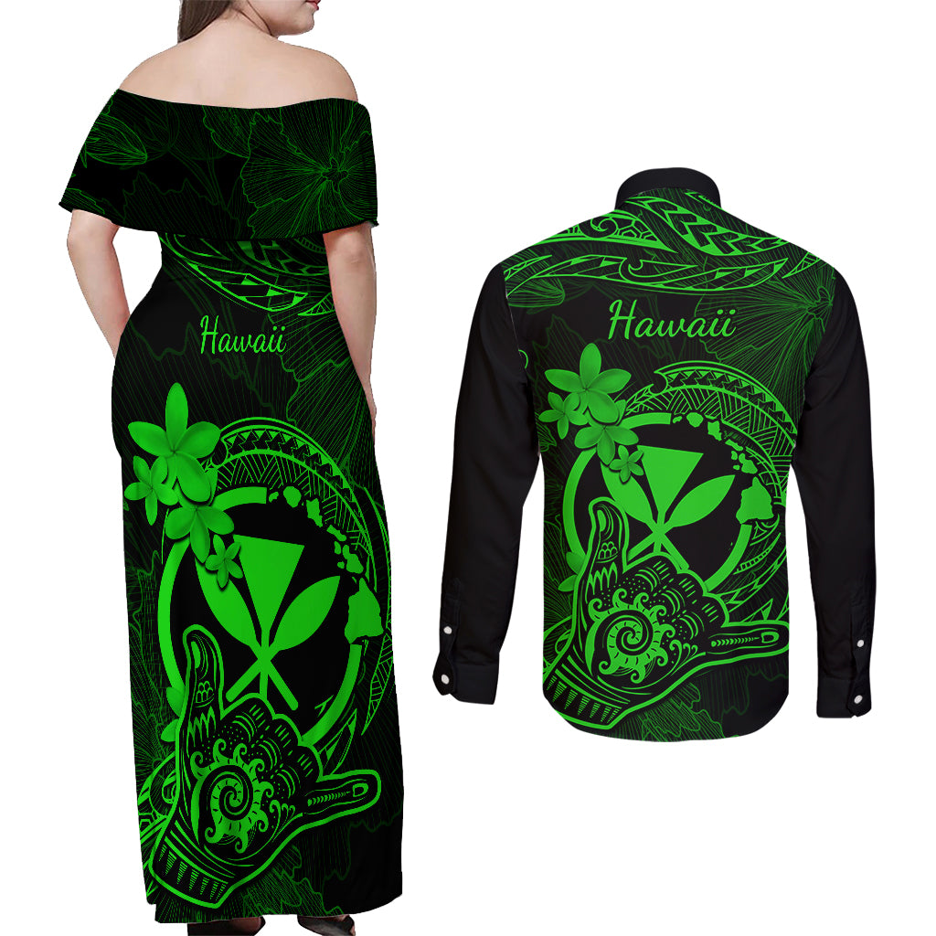 Hawaii Couples Matching Off Shoulder Maxi Dress and Long Sleeve Button Shirts Shaka Tattoo Mix Polynesian Plumeria Green Version LT14 - Polynesian Pride