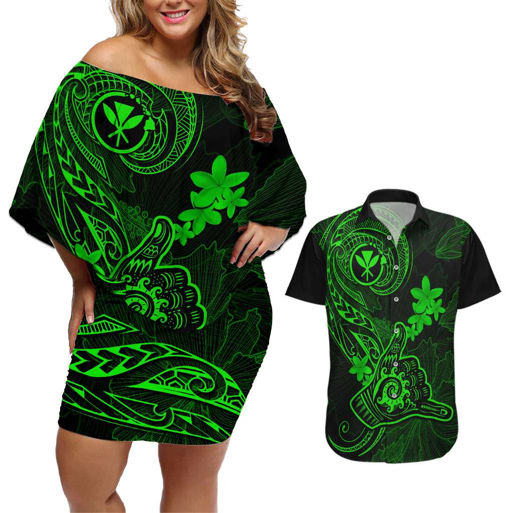 hawaii-couples-matching-off-shoulder-short-dress-and-hawaiian-shirt-shaka-tattoo-mix-polynesian-plumeria-green-version