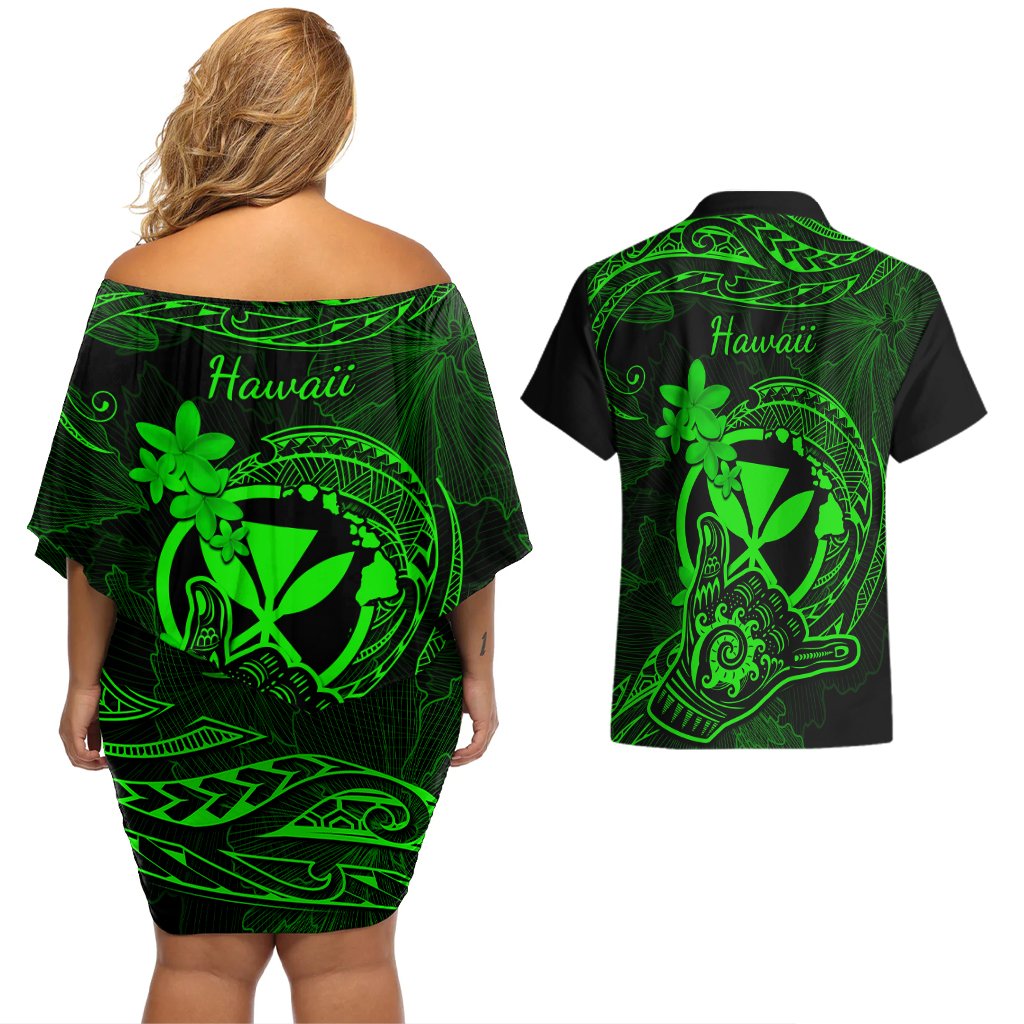 Hawaii Couples Matching Off Shoulder Short Dress and Hawaiian Shirt Shaka Tattoo Mix Polynesian Plumeria Green Version LT14 - Polynesian Pride