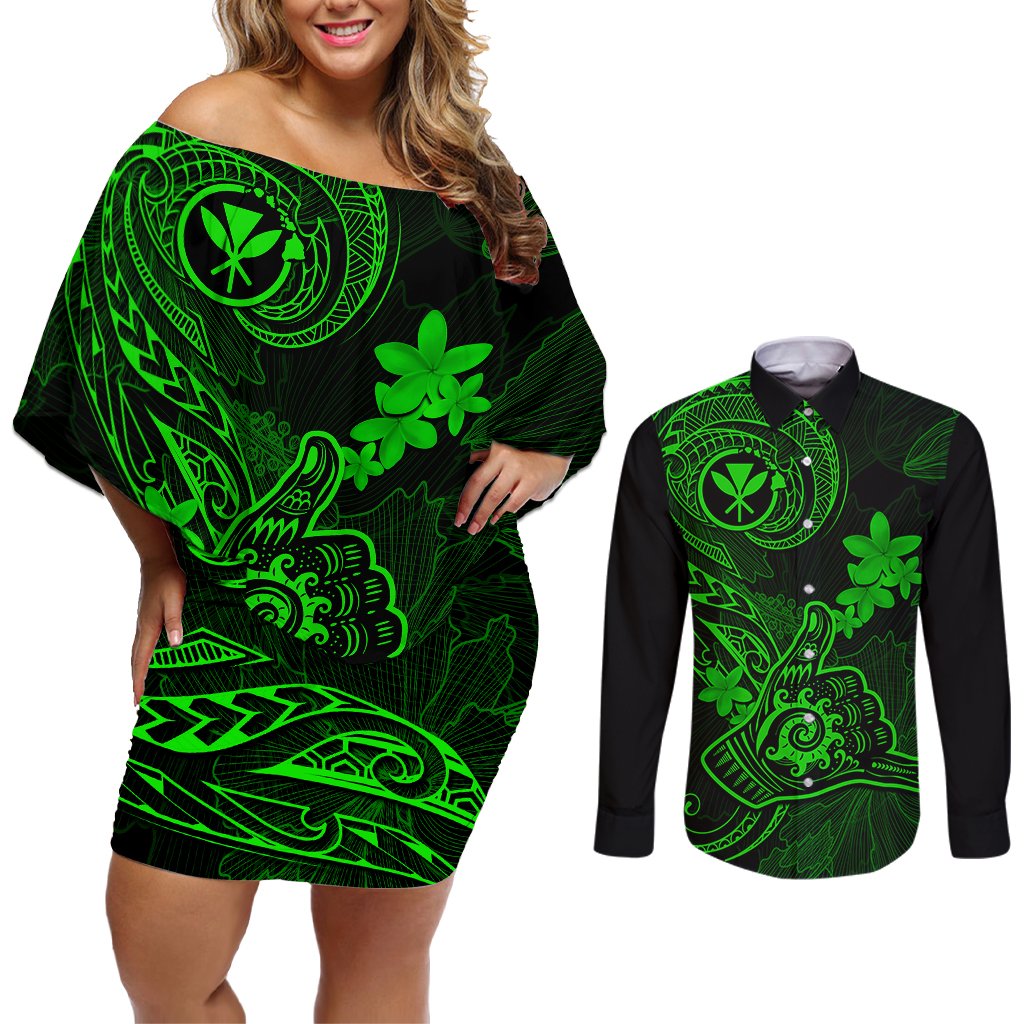 Hawaii Couples Matching Off Shoulder Short Dress and Long Sleeve Button Shirts Shaka Tattoo Mix Polynesian Plumeria Green Version LT14 Green - Polynesian Pride