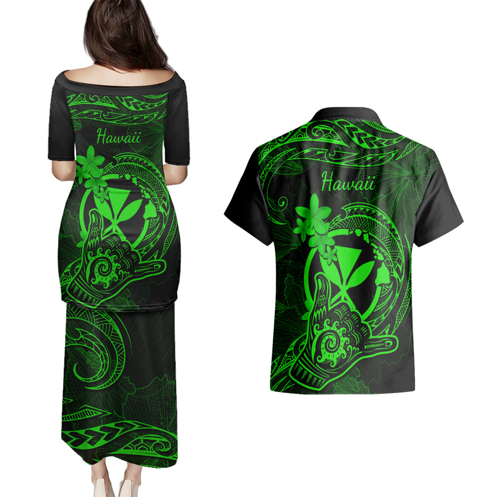 hawaii-couples-matching-puletasi-dress-and-hawaiian-shirt-shaka-tattoo-mix-polynesian-plumeria-green-version